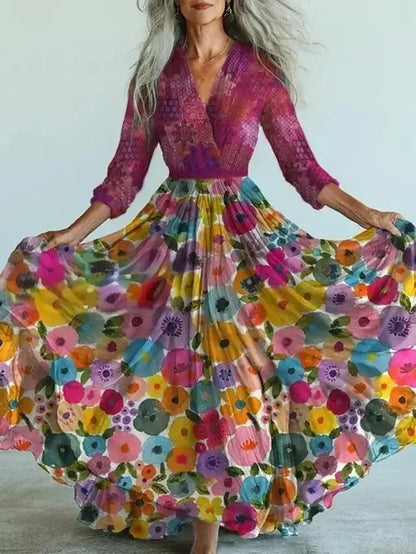 New Bohemian Style Long Sleeve Mesh Dress Vacation Vibes Full Skirt Chiffon Dress V-neck Ankle-length Regular Waistline