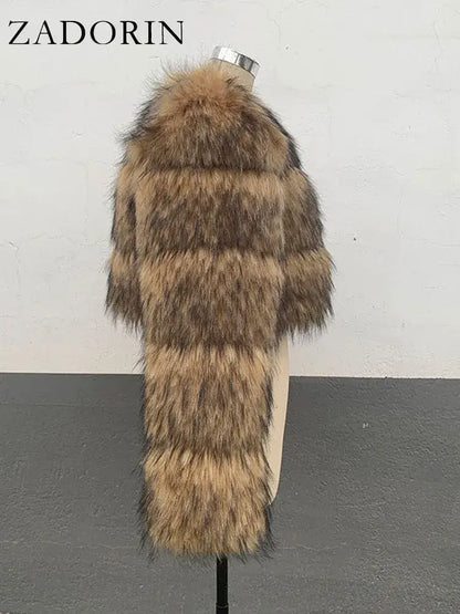 ZADORIN High Quality Cropped Faux Raccoon Fur Coat Women Winter