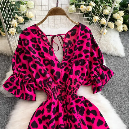Elegant V-Neck Leopard Print Jumpsuit for Summer
