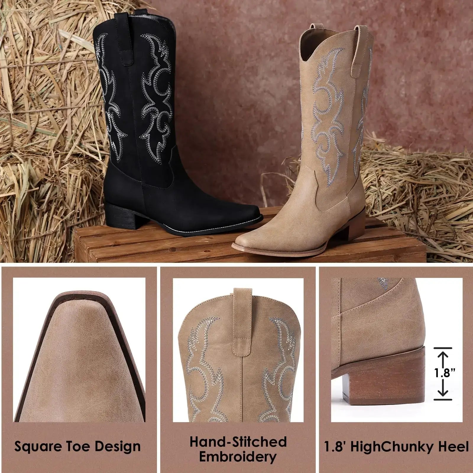 Light Brown Cowboy Boots for Women - Embroidered Cowgirl Boots Western Mid Calf Fashion Chunky Heel Pointed Toe Country Boots