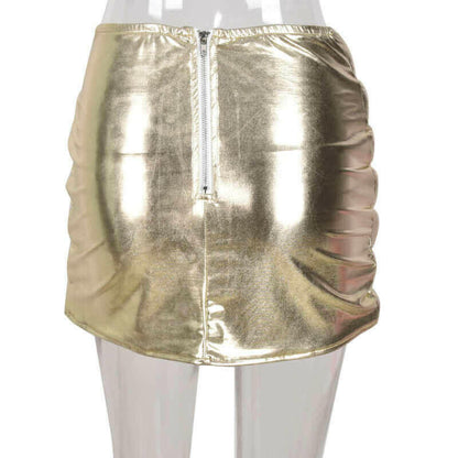 Champagne Women's Puffer Skirt Metallic Shiny Warm Quilted Mini Skirt.