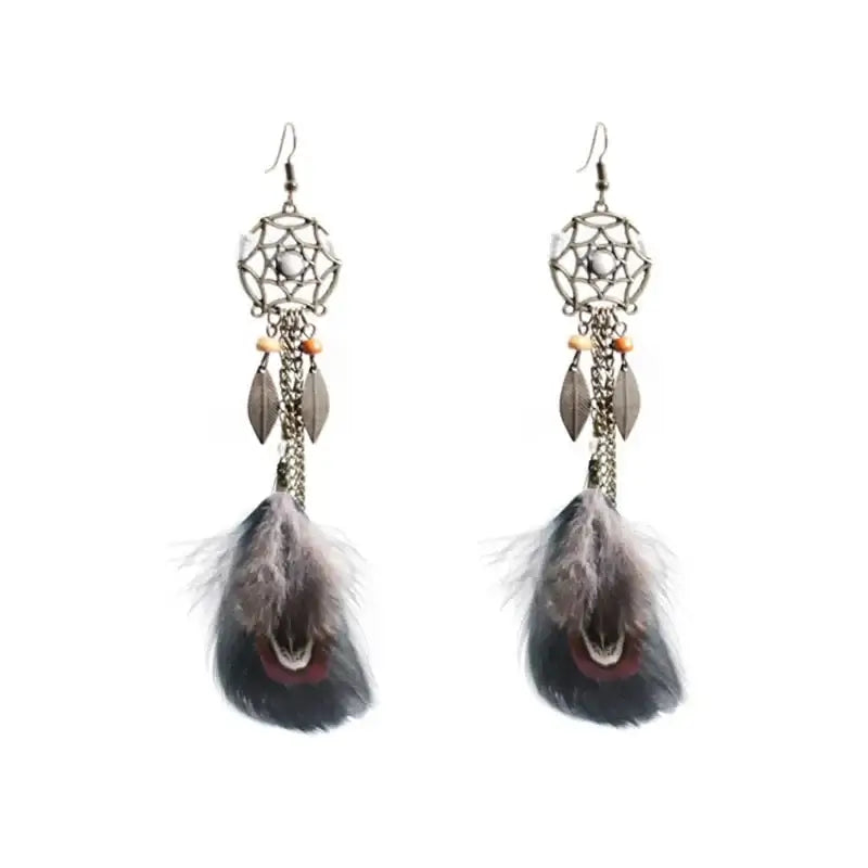 Boho Ethnic Dream Catcher Feather Antique Long Hook Earrings Fancy Handmade Chain Tassle Earring For Women Jewelry