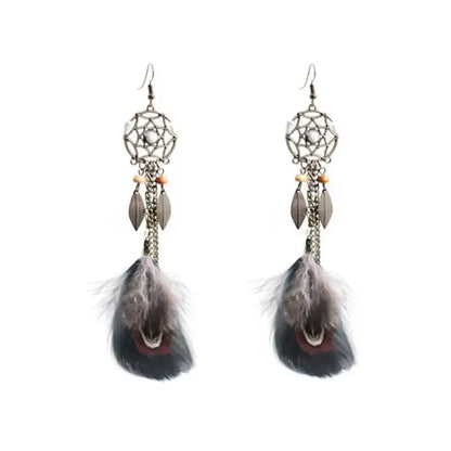 Boho Ethnic Dream Catcher Feather Antique Long Hook Earrings Fancy Handmade Chain Tassle Earring For Women Jewelry