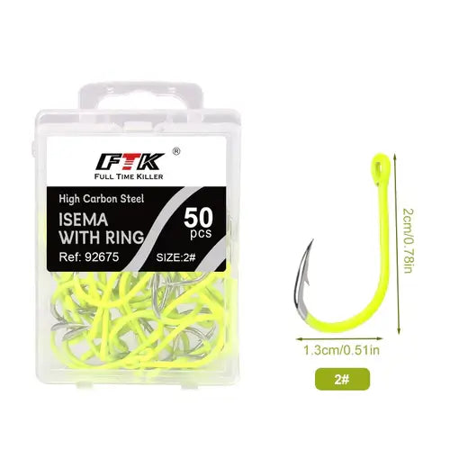 FTK 50PCS Sharp High-carbon Steel Fishhooks Barbed Fluorescent Fishing