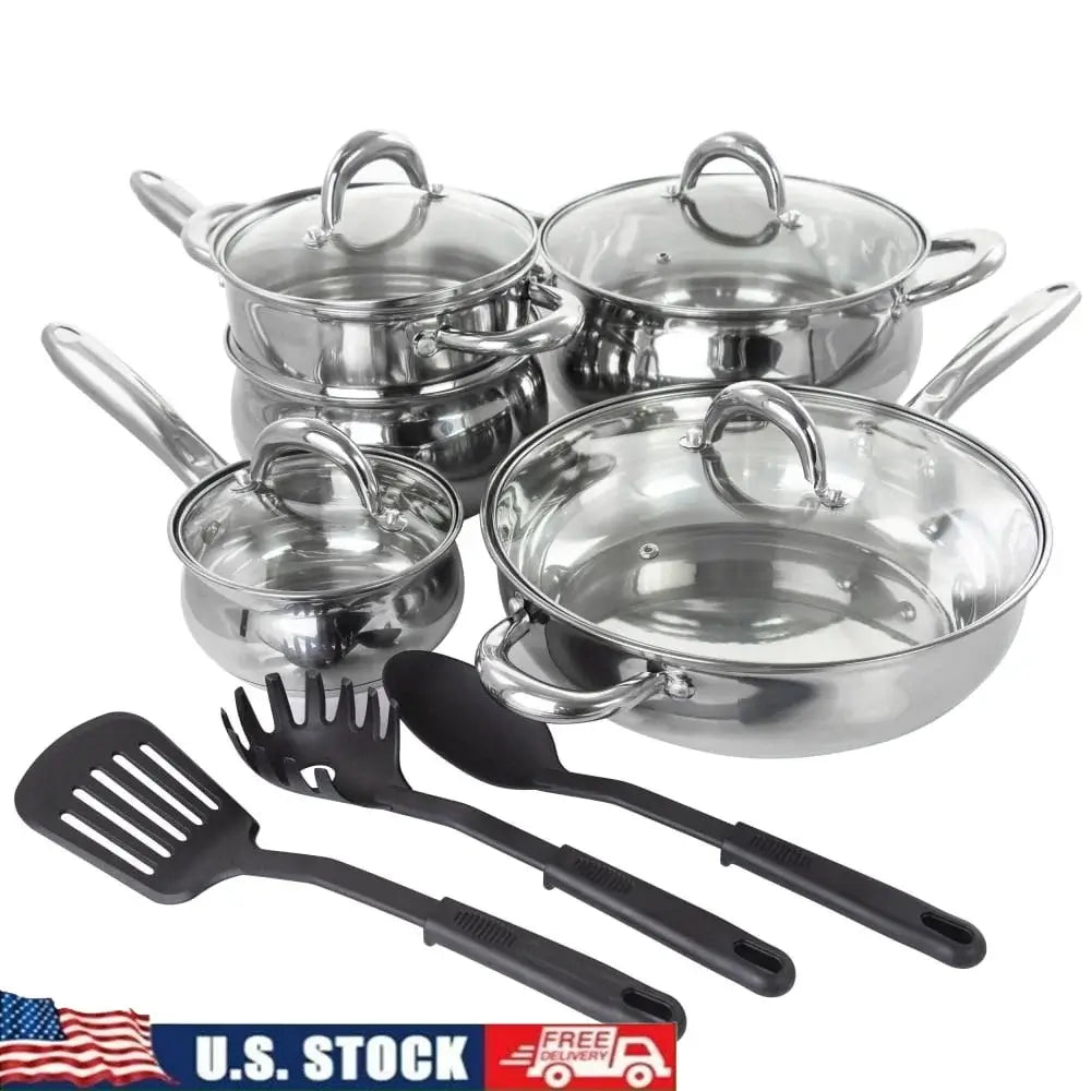 Ancona 12 Piece Stainless Steel Cookware Set Pots Pans Kitchen Tools Nonstick Dishwasher Safe Belly Shaped Cookware