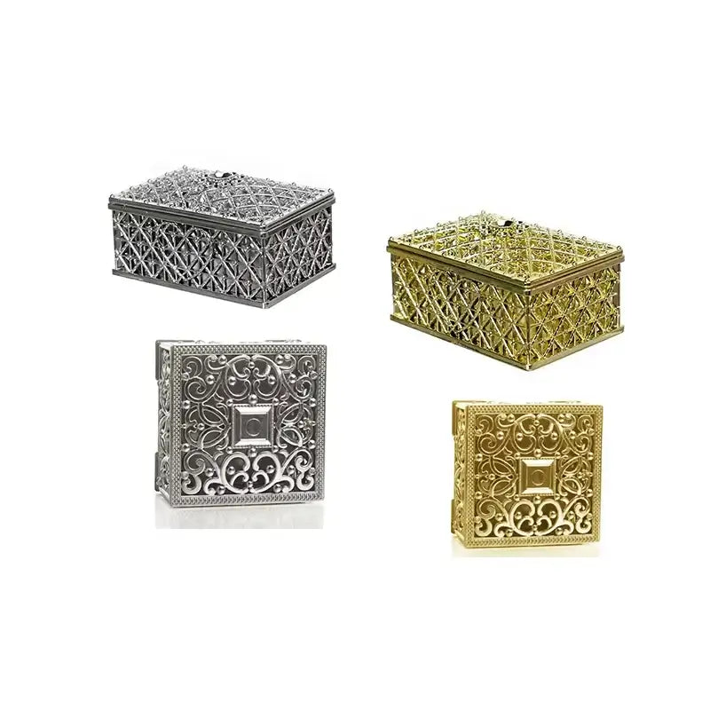 2 PCs Mini Treasure Storage Jewelry Box Silver-color Hollow Flower Pattern Jewelry Case Boxes for Necklace Earring Ring 2030