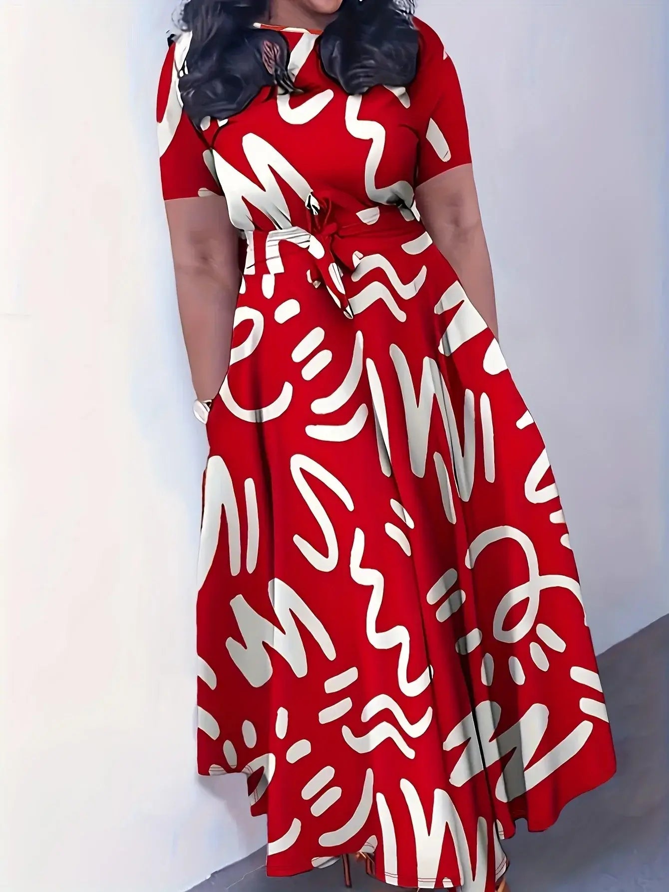 Casual Printed Patchwork O Neck Short Sleeve Dress Plus Size Dress