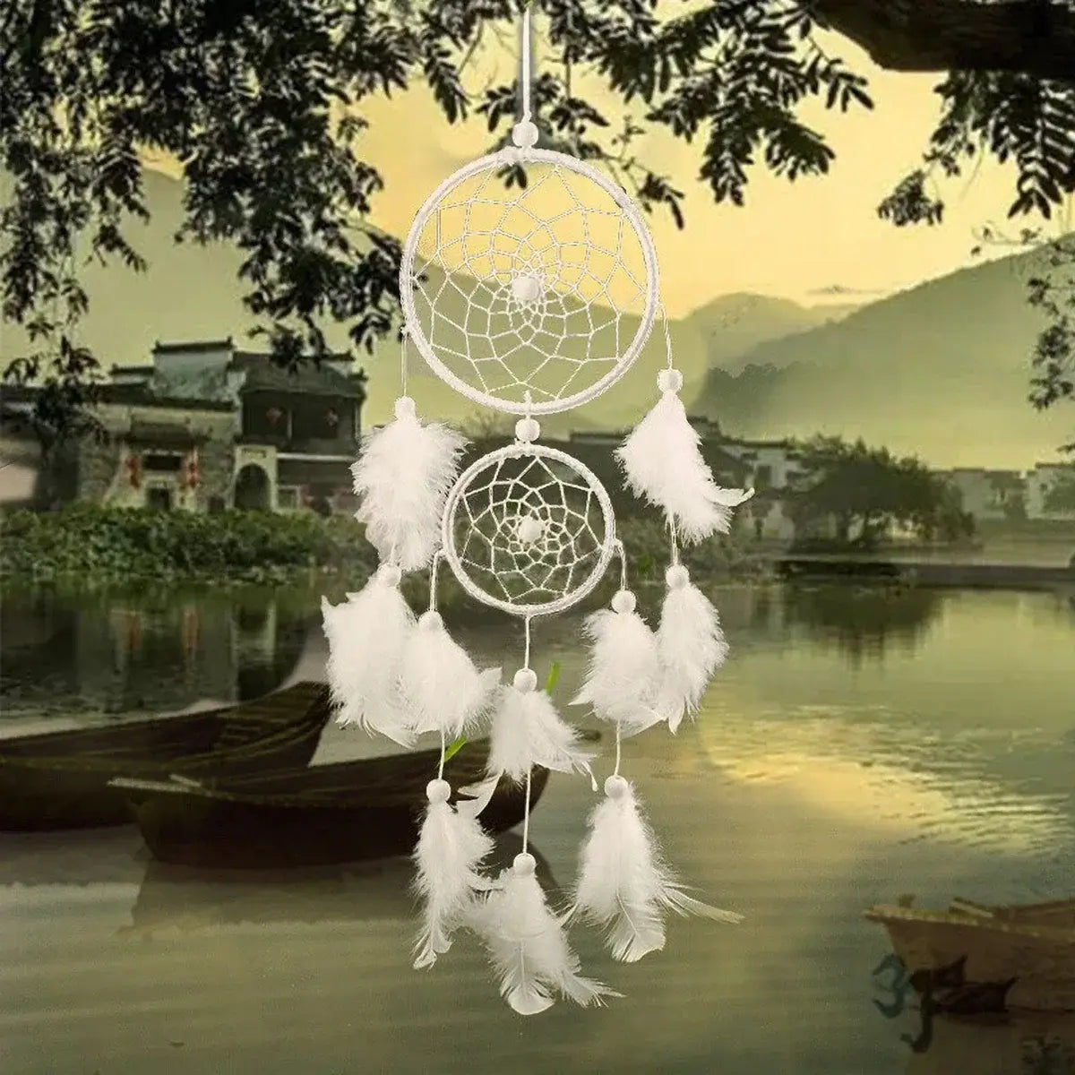 Bridal White Dreamcatcher - Double Ring Feather Pendant, Holiday Wind Chime Decor Gift