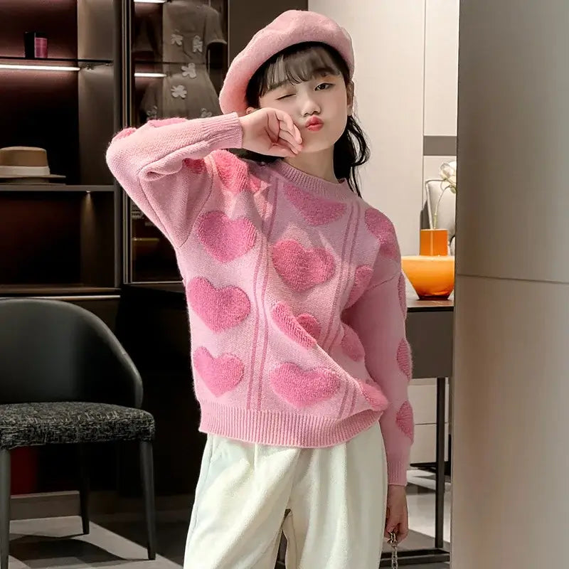 New Autumn Kids Girls Pink Color Sweater with 3D Hearts Pettern Children Elegant Fashion Knitted Clothing 5 7 9 11 13 14 Years