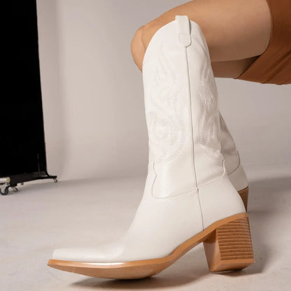 Cowboy Boots for Women - Black Knee High Cowgirl Boots with Classic Embroidered, Slip On Pointed Toe Fashion Retro White