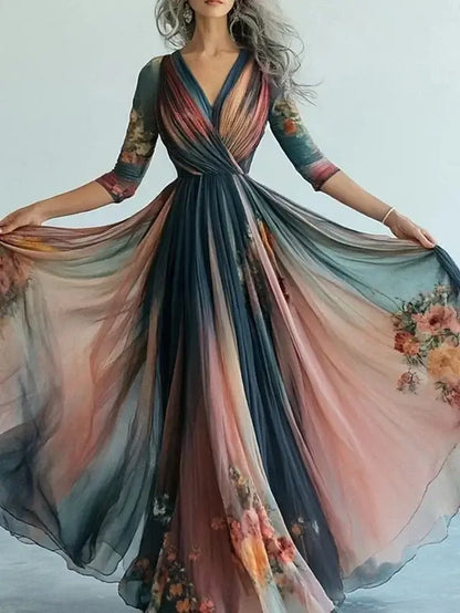 New Bohemian Style Long Sleeve Mesh Dress Vacation Vibes Full Skirt Chiffon Dress V-neck Ankle-length Regular Waistline