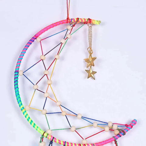 Moon Rainbow Color Feathers Beads Pure Handmade Long Dream Catcher.