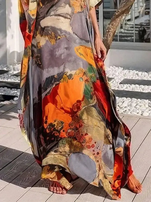 fashion women Bohemia Long Dresses Vacation Printed Maxi Dress Elegant Vintage Gauze Asymmterical Batwing Sleeves party dress