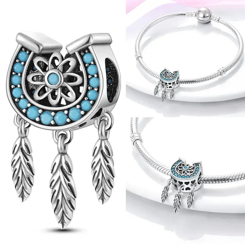 Hot Dream Catcher Feather 925 Sterling Silver Purple Colorful Moon Dreamy Blue Charm Original Fits Women DIY Jewelry Girl Charms