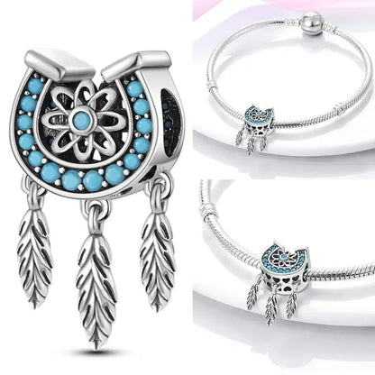 Hot Dream Catcher Feather 925 Sterling Silver Purple Colorful Moon Dreamy Blue Charm Original Fits Women DIY Jewelry Girl Charms