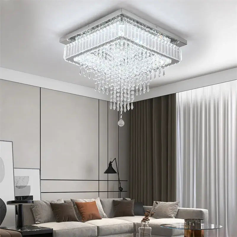 Round Crystal Raindrop LED Flush-Mount Chandelier