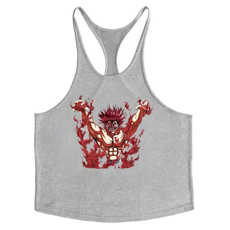 Anime Baki Hanma Print Stringer Tank Top for Men Y-Back Vest Muscle Training Undershirt Athletic Tops Gym Workout Bodybuilding
