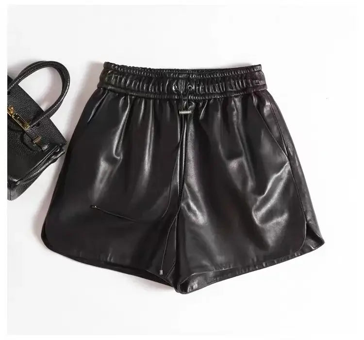Casual Goatskin Shorts For Women Italian Fashion Wide Leg Slim Drawstring Genuine Leather Pants Mujer Black Pantalones Cortos