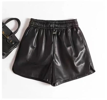 Casual Goatskin Shorts For Women Italian Fashion Wide Leg Slim Drawstring Genuine Leather Pants Mujer Black Pantalones Cortos