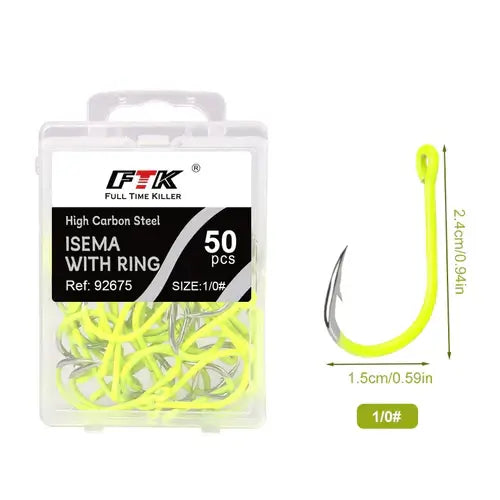 FTK 50PCS Sharp High-carbon Steel Fishhooks Barbed Fluorescent Fishing