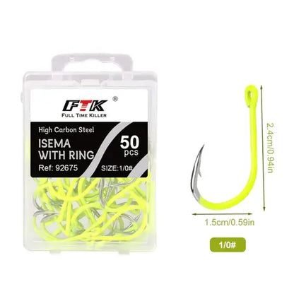 FTK 50PCS Sharp High-carbon Steel Fishhooks Barbed Fluorescent Fishing.