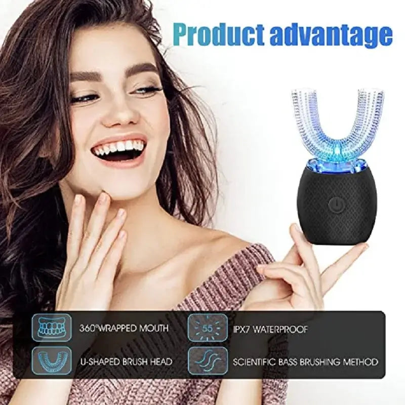 U Shape Sonic Electric Toothbrush 360 Degree Mouth Cleansing Automatic Silicone Toothbrush Cold Blue Light Teeth Whitening Brush