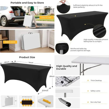 Portable 6ft Folding Table with Black Cloth, HDPE Top, Safety Locks, Compact Storage, Ideal for Outdoor Dining and Events