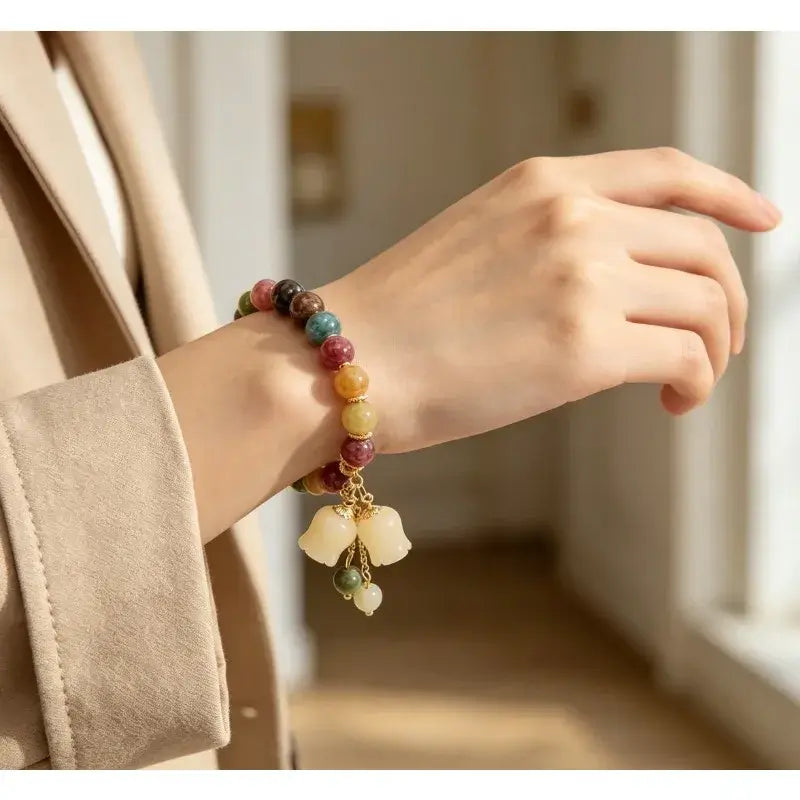 1pc Chinese Style Multi Gemstone Beaded Bracelet Lily of The Valley Pendant Bracelet Vintage Healing Stone Bracelet Elegant Daily Wear Jewelry For Women
