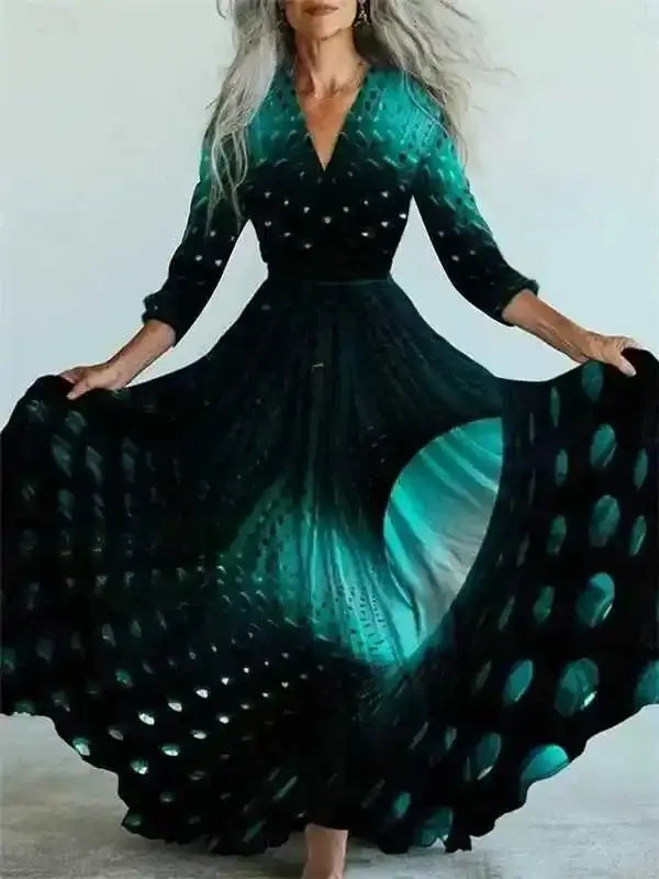 New Bohemian Style Long Sleeve Mesh Dress Vacation Vibes Full Skirt Chiffon Dress V-neck Ankle-length Regular Waistline