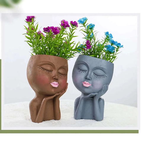 Little Girl Head Succulent Plant Flower Pot Floor Simple Character.