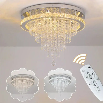 Round Crystal Raindrop LED Flush-Mount Chandelier