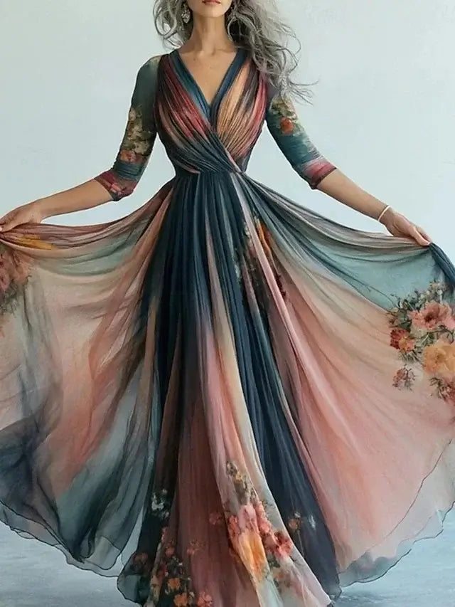 New Bohemian Style Long Sleeve Mesh Dress Vacation Vibes Full Skirt Chiffon Dress V-neck Ankle-length Regular Waistline