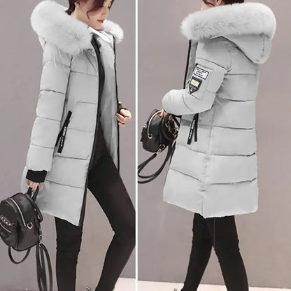 Women Winter Cotton Coat Hooded Mid Length Outerwear Windproof Warm