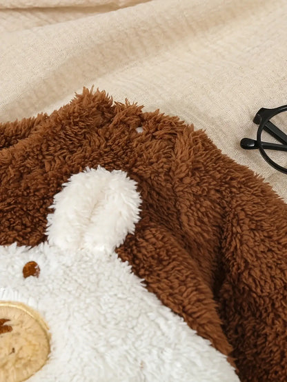 Cute Little Bear Embroidery And Patchwork Plush One-Piece Dress For Warm Clothes For Boys And Girls In Autumn And Winter