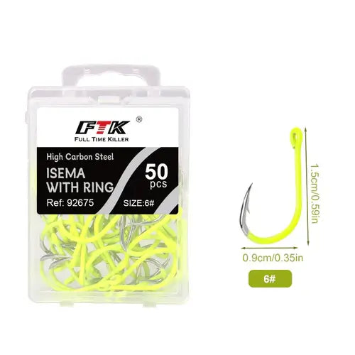 FTK 50PCS Sharp High-carbon Steel Fishhooks Barbed Fluorescent Fishing