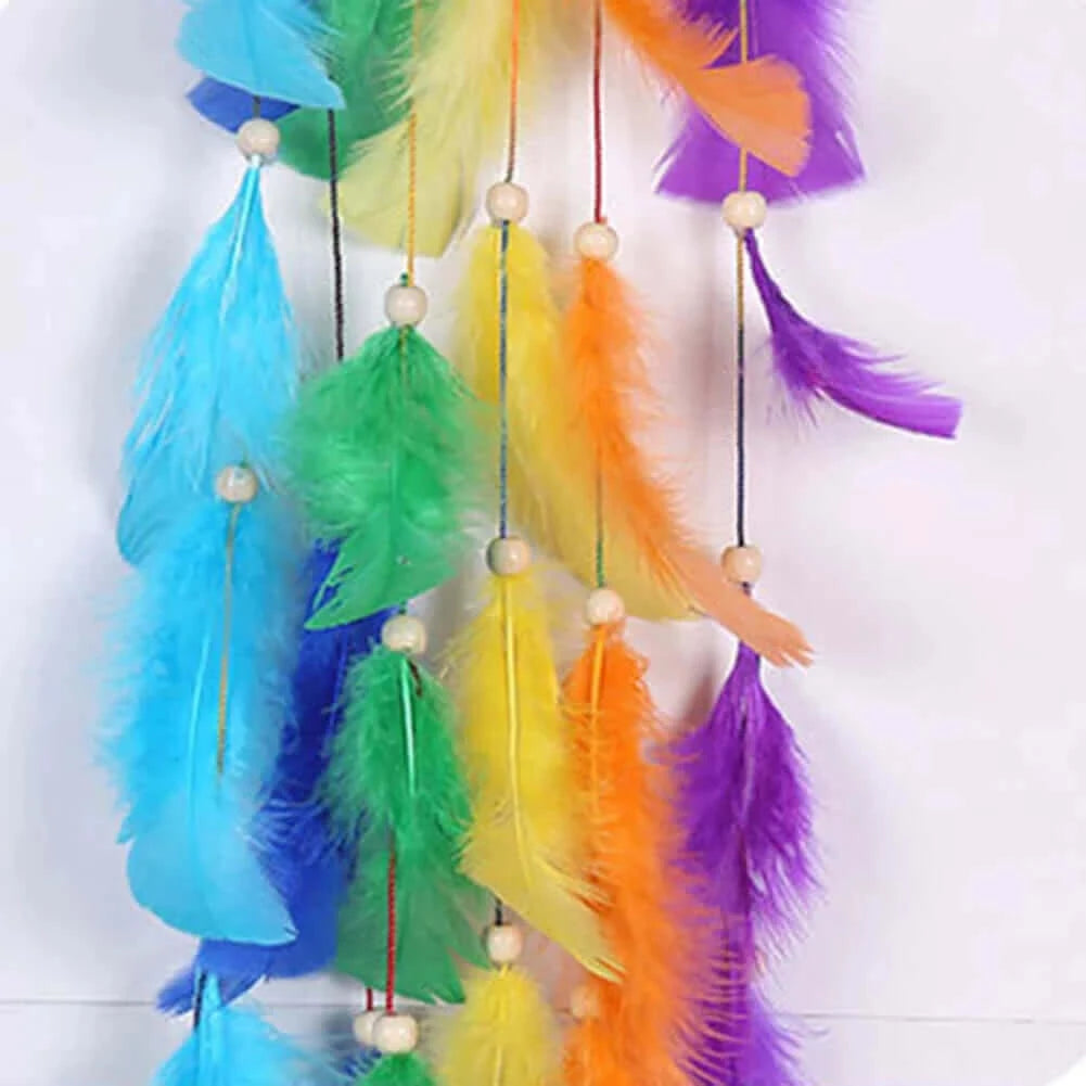 Moon Rainbow Color Feathers Beads Pure Handmade Long Dream Catcher.