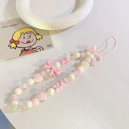 1pc Charm Bowknot Mobile Phone Chains For Women Girls Telephone Charm Strap Pink Black Acrylic Pearl Beaded Lanyard Jewelry Gift