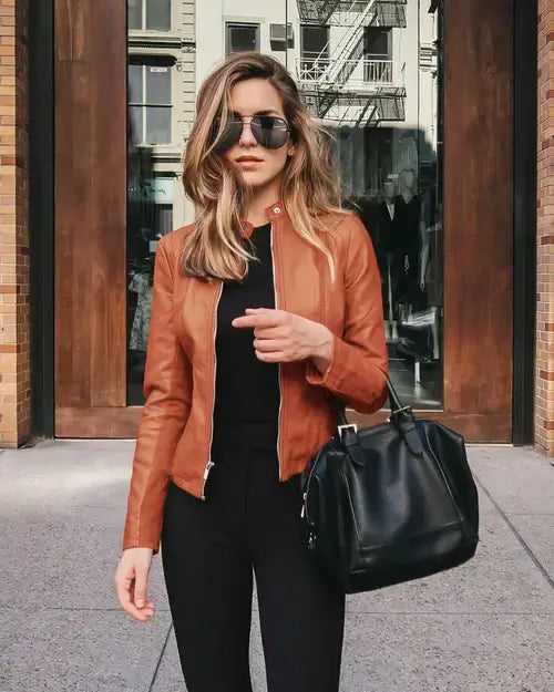 Chic Lady Slim Fit Faux Leather Jacket Women Classic Moto Biker PU