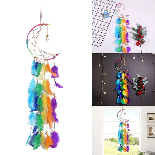 Moon Rainbow Color Feathers Beads Pure Handmade Long Dream Catcher.