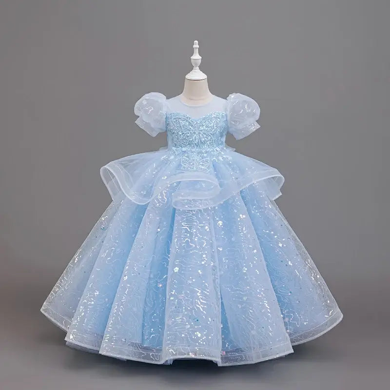 New High-End Luxury Flower Girl Wedding Show Performance Dress for Girls, Puff Sleeve Sequin Princess Dress