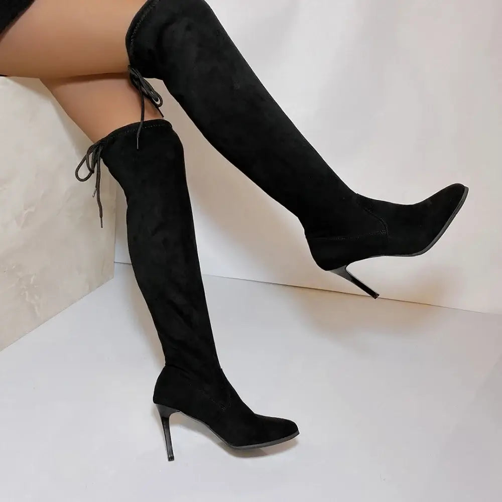 New Women Boot Fashion Suede Over The Knee Boot Lace Up Sexy High Heels Shoes Woman Slim Thigh High Women&
