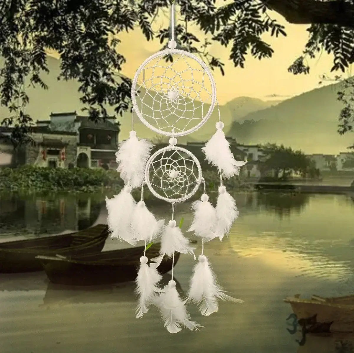 Bridal White Dreamcatcher - Double Ring Feather Pendant, Holiday Wind Chime Decor Gift