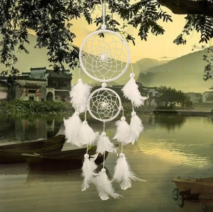 Bridal White Dreamcatcher - Double Ring Feather Pendant, Holiday Wind Chime Decor Gift