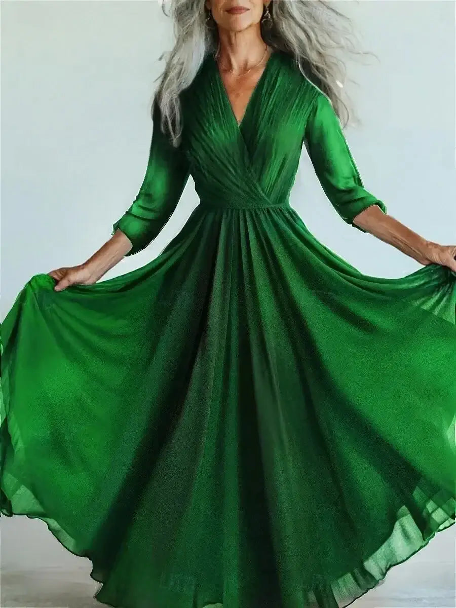 New Bohemian Style Long Sleeve Mesh Dress Vacation Vibes Full Skirt Chiffon Dress V-neck Ankle-length Regular Waistline