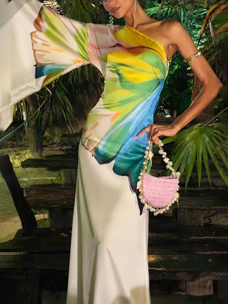 Female Stylish Flower Print One-Shoulder Party Evening Maxi Dresses 2025 New Asymmetric High Waist A-line Long Dress