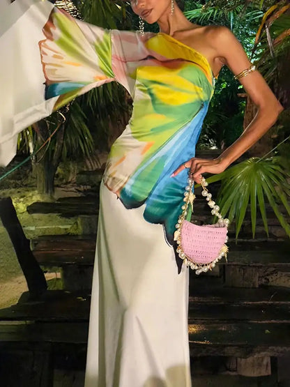 Female Stylish Flower Print One-Shoulder Party Evening Maxi Dresses 2025 New Asymmetric High Waist A-line Long Dress