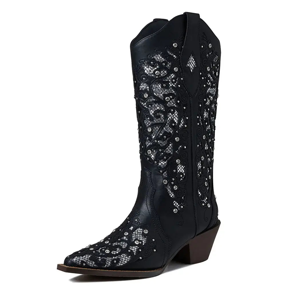 GIGIFOX Cowgirl Rhinestone Western Mid-Calf Boots For Woman Block Mid Heel Pull-On Pointed Toe Hollow Out Retro Cowboy Boots