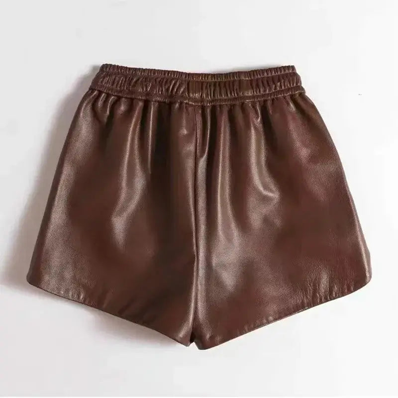 Goatskin Shorts for Women Italian Fashion Wide Leg Slim Drawstring Genuine Leather Pants Mujer Brown Pantalones Cortos  Clothing