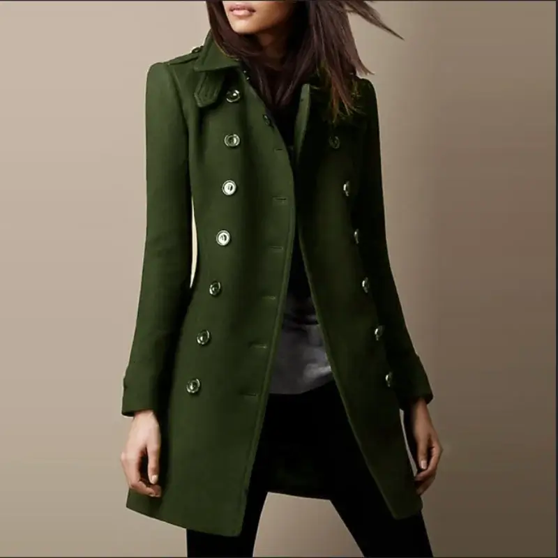 Winter Ladies Woolen Jackets Double Breasted Flap Lapel Lined Top Coat