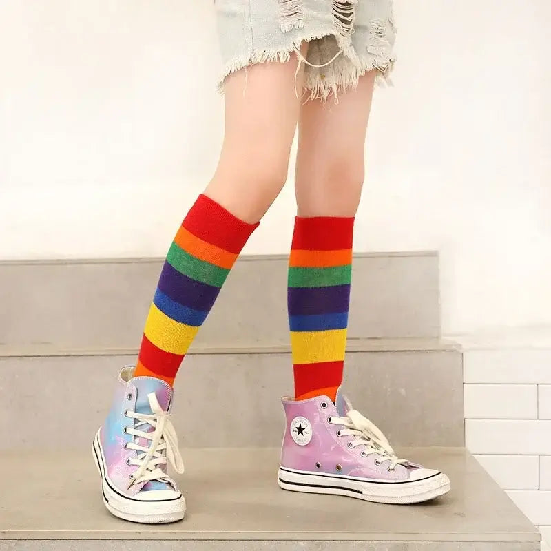 New Arrival Children Rainbow Socks Kids Sport Girls Boys Colorful Striped Soft Cotton Knee High Socks Toddler High Quality 2-12T